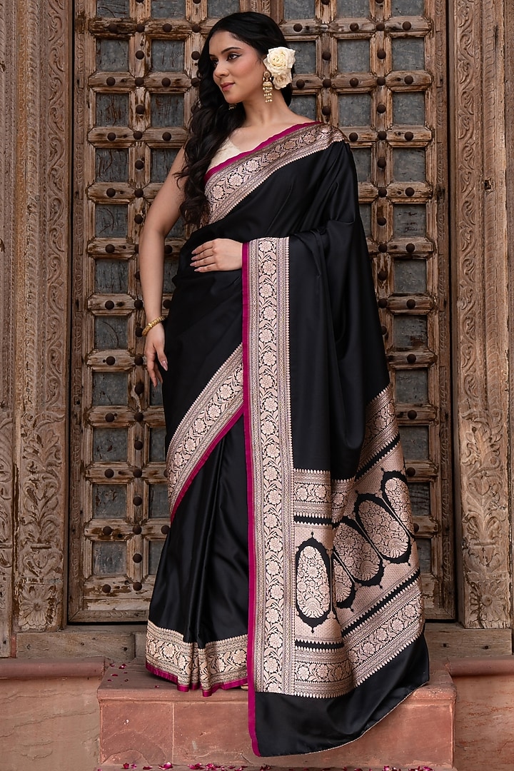 Black Pure Katan Satin Silk Banarasi Handloom Party Wear Saree Set by Zal From Benaras at Pernia's Pop Up Shop