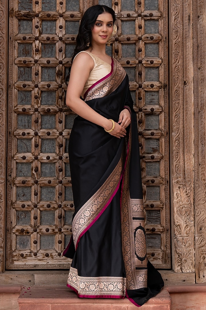 Black Pure Katan Satin Silk Banarasi Handloom Party Wear Saree Set by Zal From Benaras at Pernia's Pop Up Shop