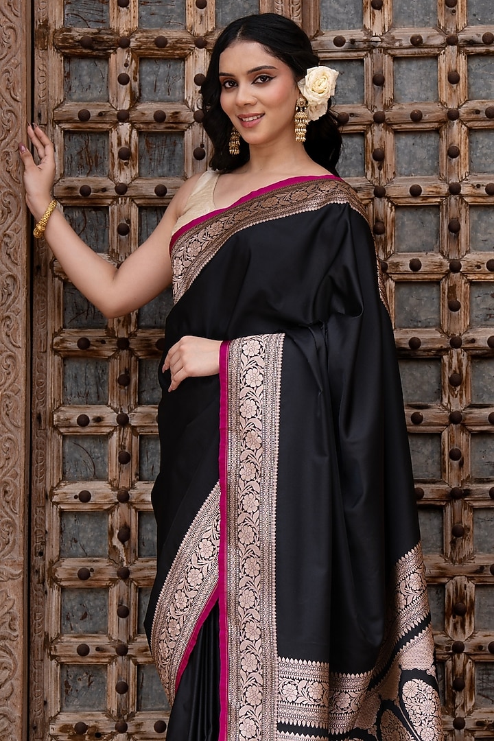 Black Pure Katan Satin Silk Banarasi Handloom Party Wear Saree Set by Zal From Benaras at Pernia's Pop Up Shop