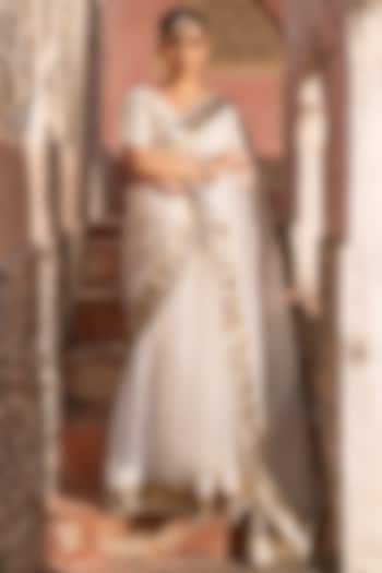 Off-White Pure Organza Handloom Party Wear Saree Set by Zal From Benaras at Pernia's Pop Up Shop