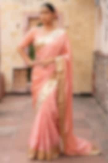 Peach Pure Tissue Silk Handloom Party Wear Saree Set by Zal From Benaras at Pernia's Pop Up Shop