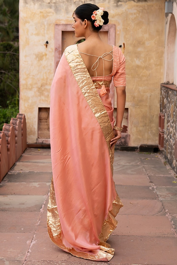 Peach Pure Tissue Silk Handloom Party Wear Saree Set by Zal From Benaras at Pernia's Pop Up Shop