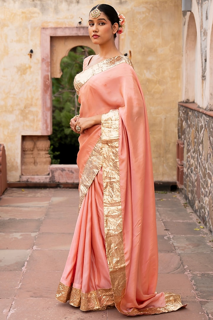 Peach Pure Tissue Silk Handloom Party Wear Saree Set by Zal From Benaras at Pernia's Pop Up Shop