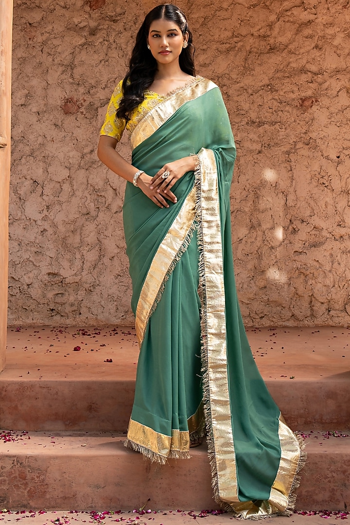 Sage Green Pure Georgette Handloom Party Wear Saree Set by Zal From Benaras at Pernia's Pop Up Shop