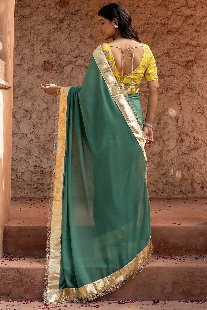 Sage Green Pure Georgette Handloom Party Wear Saree Set by Zal From Benaras at Pernia's Pop Up Shop