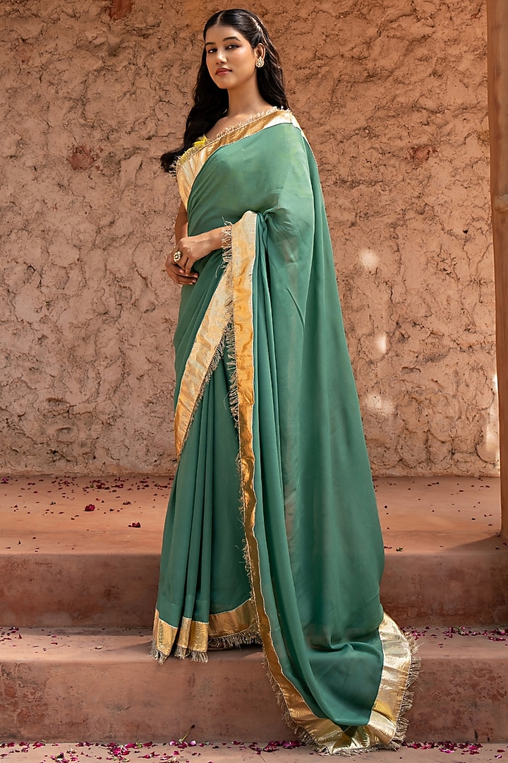 Sage Green Pure Georgette Handloom Party Wear Saree Set by Zal From Benaras at Pernia's Pop Up Shop