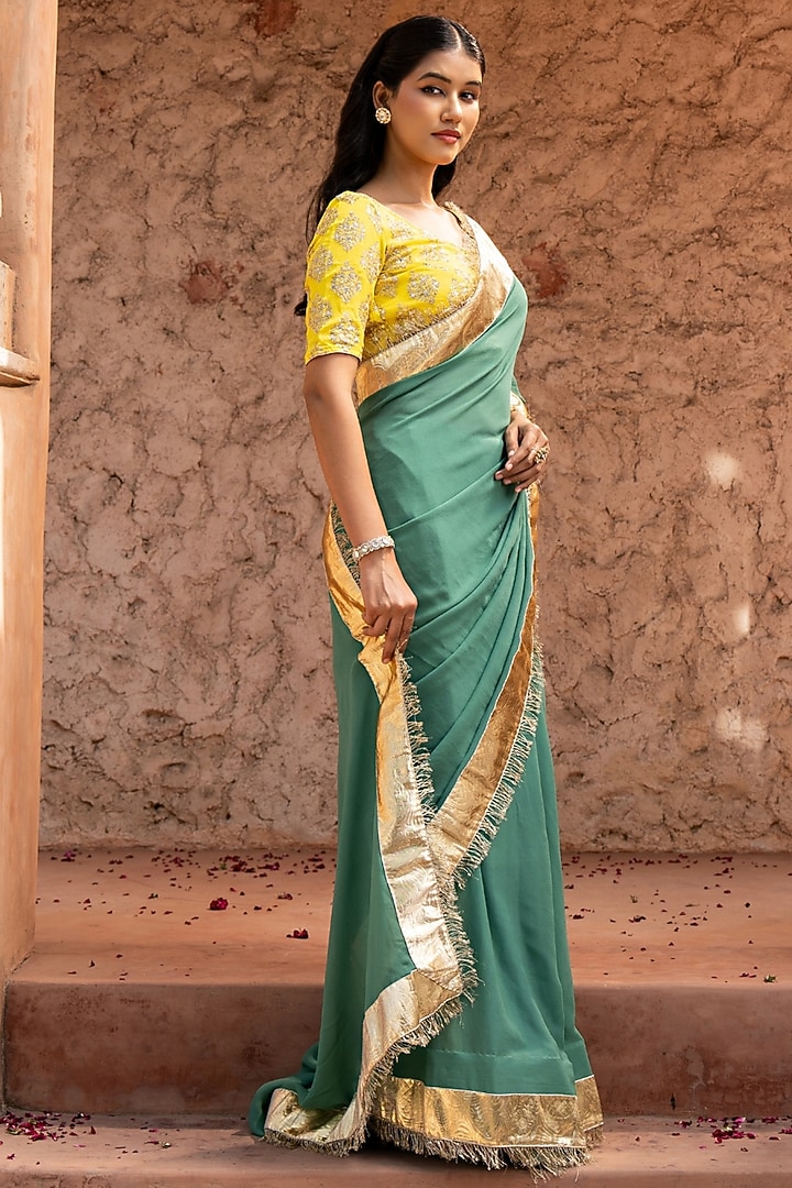 Sage Green Pure Georgette Handloom Party Wear Saree Set by Zal From Benaras at Pernia's Pop Up Shop