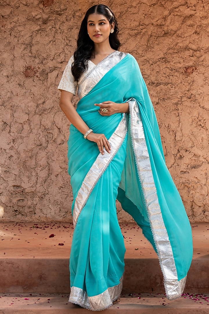 Sky Blue Pure Georgette Handloom Party Wear Saree Set by Zal From Benaras at Pernia's Pop Up Shop