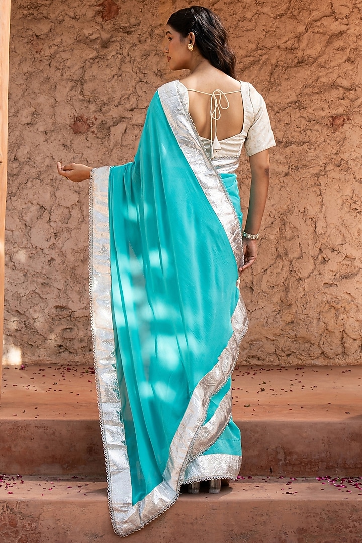 Sky Blue Pure Georgette Handloom Party Wear Saree Set by Zal From Benaras at Pernia's Pop Up Shop