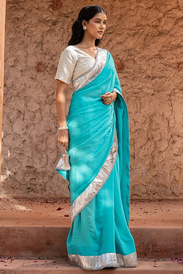 Sky Blue Pure Georgette Handloom Party Wear Saree Set by Zal From Benaras at Pernia's Pop Up Shop