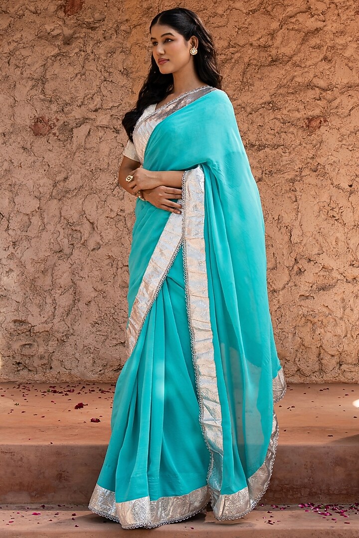 Sky Blue Pure Georgette Handloom Party Wear Saree Set by Zal From Benaras at Pernia's Pop Up Shop