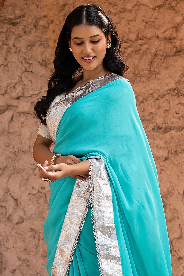 Sky Blue Pure Georgette Handloom Party Wear Saree Set by Zal From Benaras at Pernia's Pop Up Shop