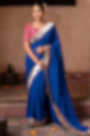 Royal Blue Pure Georgette Handloom Party Wear Saree Set by Zal From Benaras at Pernia's Pop Up Shop