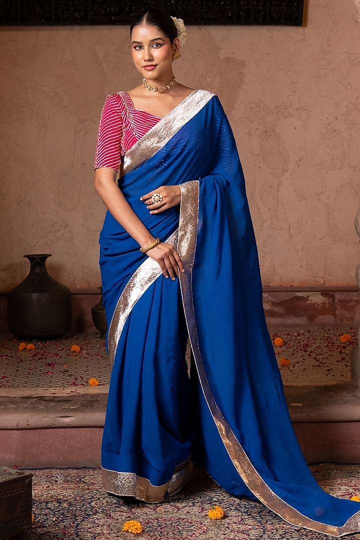 Royal Blue Pure Georgette Handloom Party Wear Saree Set by Zal From Benaras at Pernia's Pop Up Shop