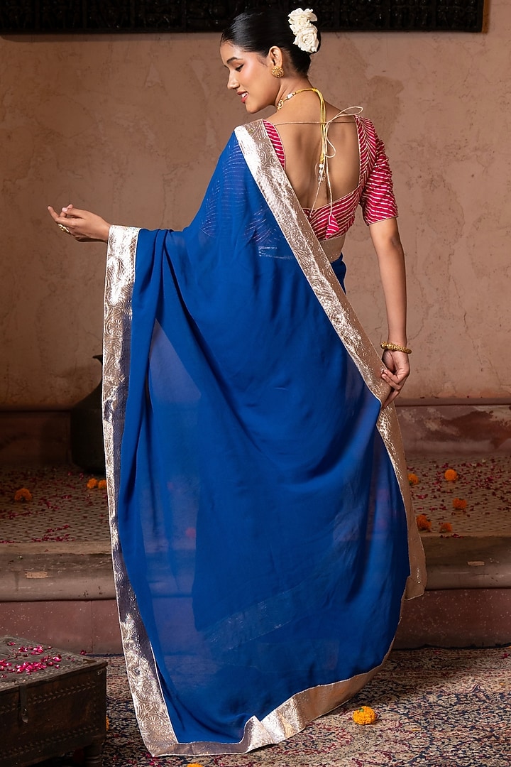 Royal Blue Pure Georgette Handloom Party Wear Saree Set by Zal From Benaras at Pernia's Pop Up Shop