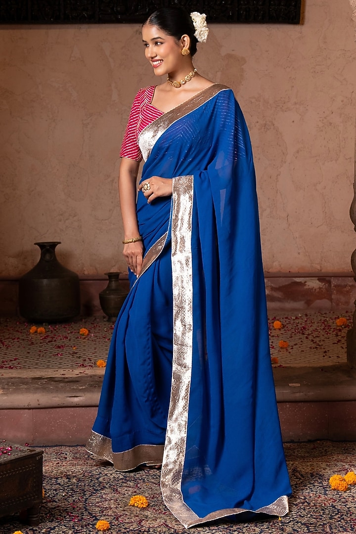 Royal Blue Pure Georgette Handloom Party Wear Saree Set by Zal From Benaras at Pernia's Pop Up Shop