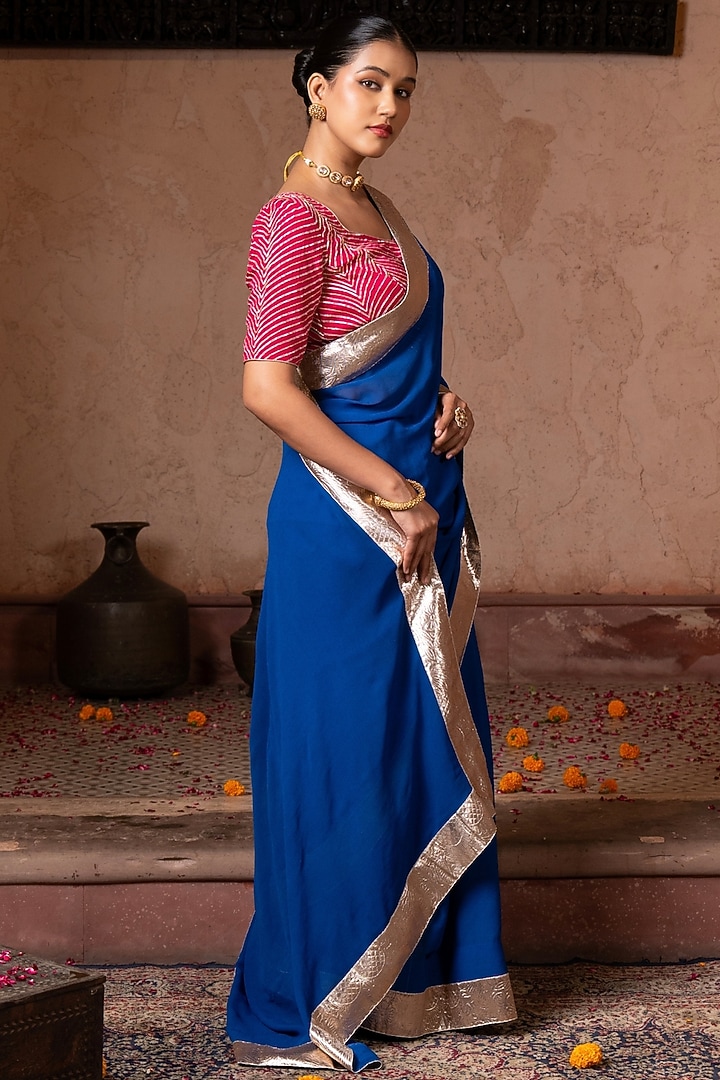 Royal Blue Pure Georgette Handloom Party Wear Saree Set by Zal From Benaras at Pernia's Pop Up Shop