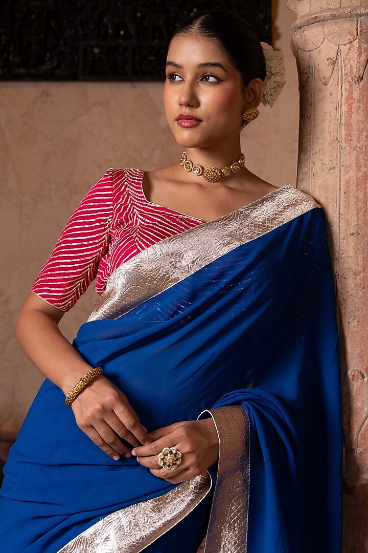 Royal Blue Pure Georgette Handloom Party Wear Saree Set by Zal From Benaras at Pernia's Pop Up Shop