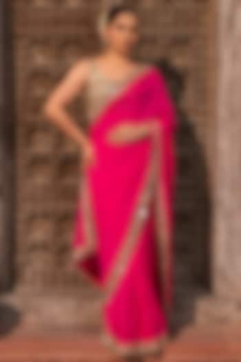 Fuchsia Pink Pure Georgette Mirror Embellished Handloom Wedding Saree Set by Zal From Benaras at Pernia's Pop Up Shop