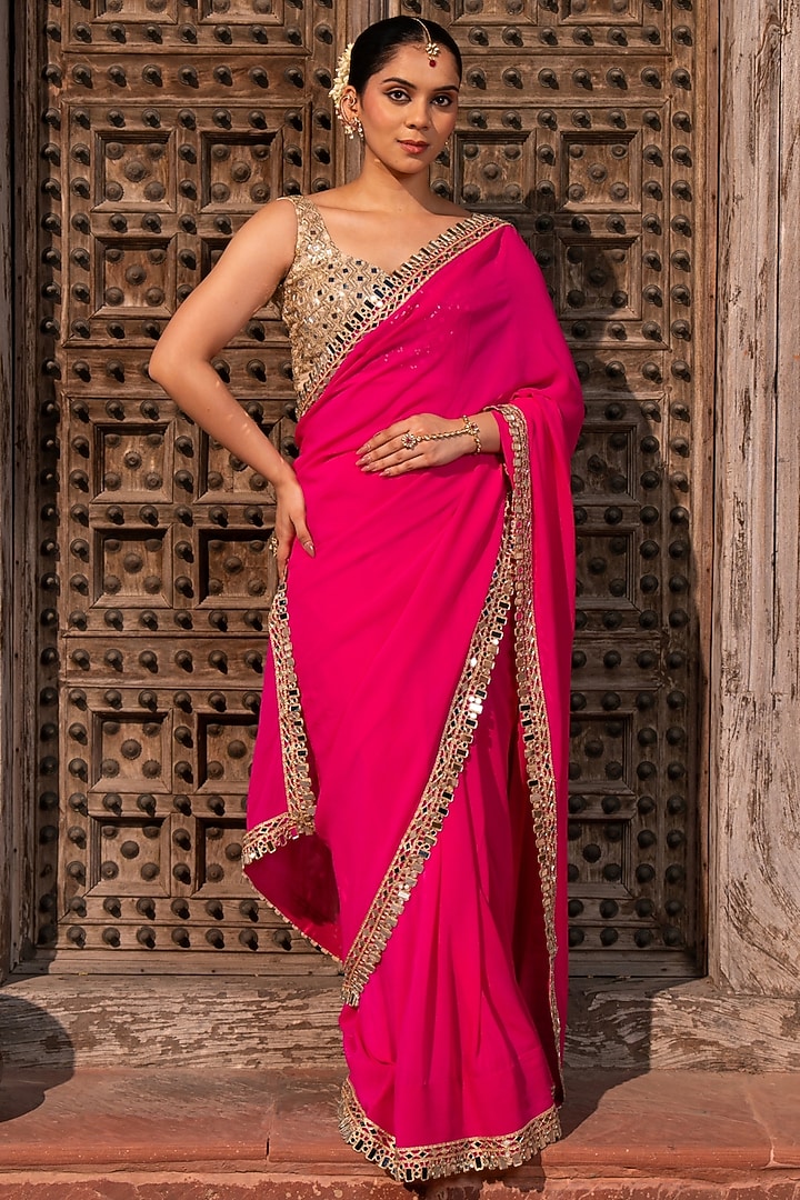 Fuchsia Pink Pure Georgette Mirror Embellished Handloom Wedding Saree Set by Zal From Benaras at Pernia's Pop Up Shop