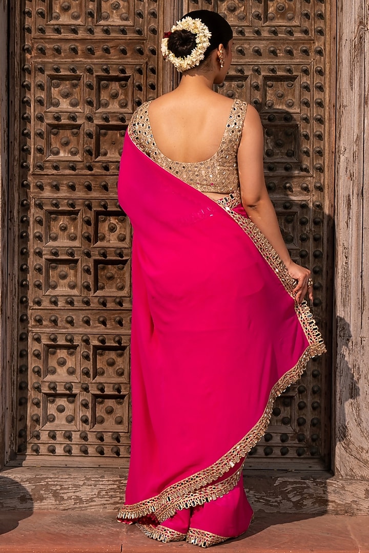 Fuchsia Pink Pure Georgette Mirror Embellished Handloom Wedding Saree Set by Zal From Benaras at Pernia's Pop Up Shop