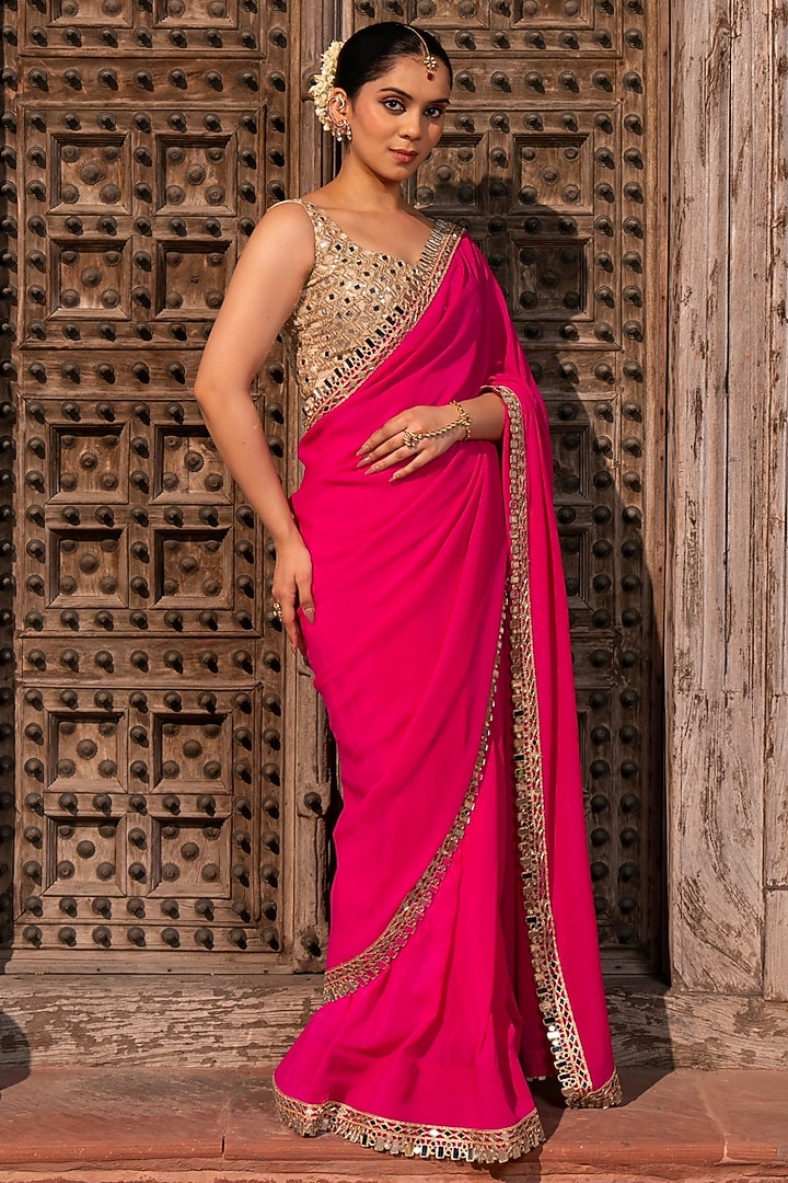 Fuchsia Pink Pure Georgette Mirror Embellished Handloom Wedding Saree Set by Zal From Benaras at Pernia's Pop Up Shop