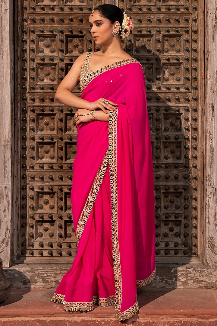 Fuchsia Pink Pure Georgette Mirror Embellished Handloom Wedding Saree Set by Zal From Benaras at Pernia's Pop Up Shop