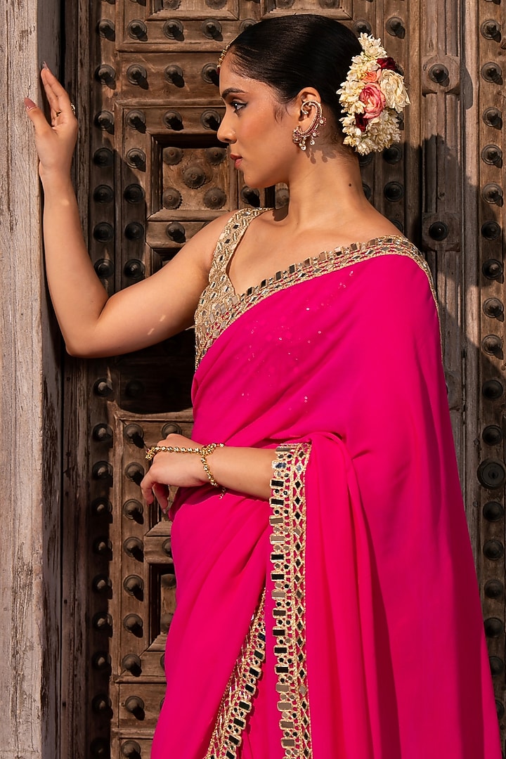Fuchsia Pink Pure Georgette Mirror Embellished Handloom Wedding Saree Set by Zal From Benaras at Pernia's Pop Up Shop