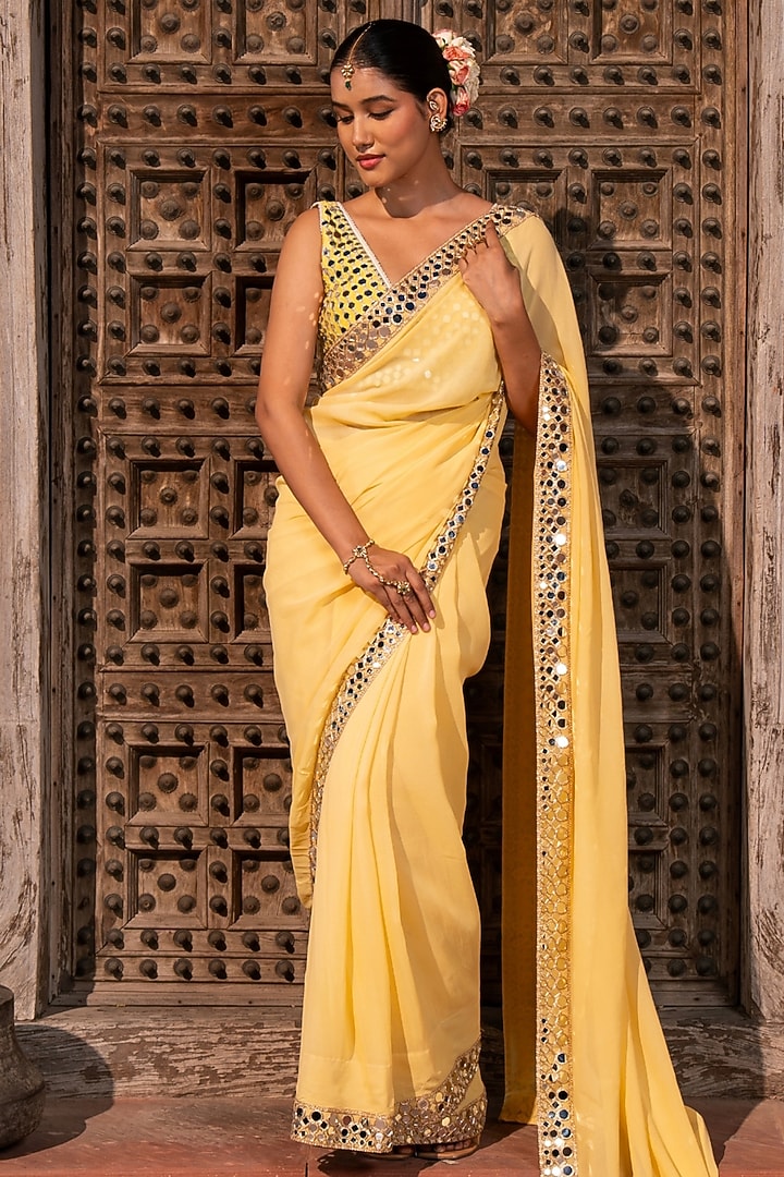 Butter Yellow Pure Georgette Mirror Work Handloom Wedding Saree Set by Zal From Benaras at Pernia's Pop Up Shop