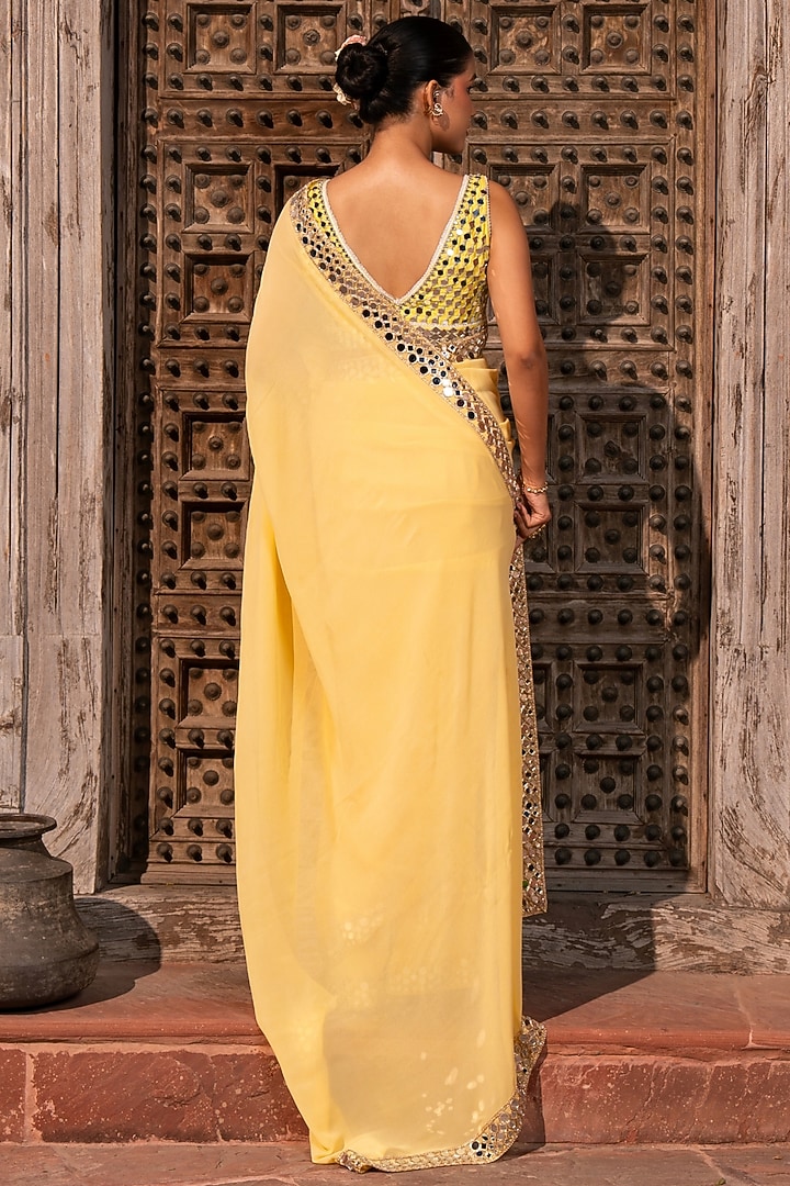 Butter Yellow Pure Georgette Mirror Work Handloom Wedding Saree Set by Zal From Benaras at Pernia's Pop Up Shop