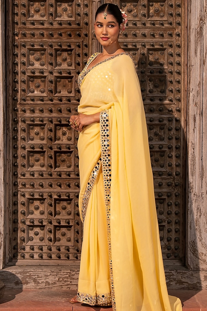 Butter Yellow Pure Georgette Mirror Work Handloom Wedding Saree Set by Zal From Benaras at Pernia's Pop Up Shop