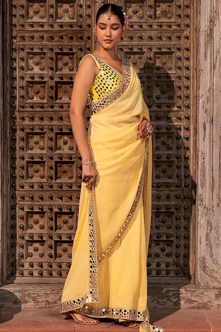 Butter Yellow Pure Georgette Mirror Work Handloom Wedding Saree Set by Zal From Benaras at Pernia's Pop Up Shop