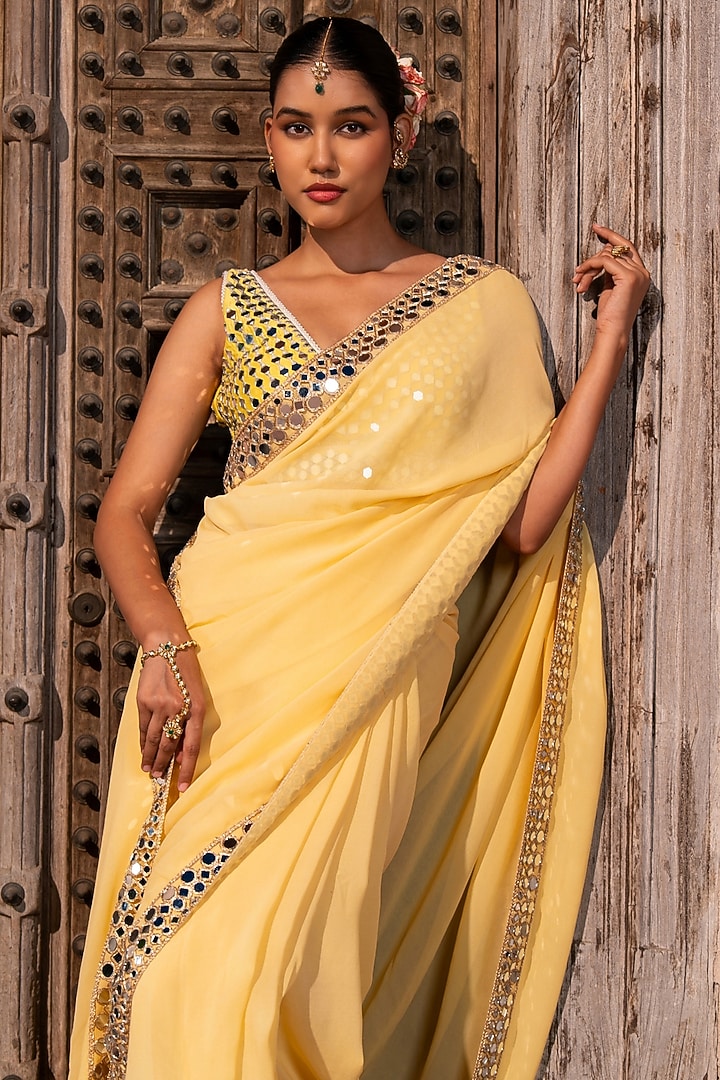 Butter Yellow Pure Georgette Mirror Work Handloom Wedding Saree Set by Zal From Benaras at Pernia's Pop Up Shop