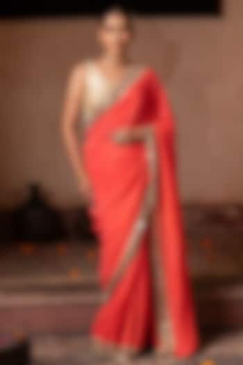 Coral Orange Pure Georgette Mirror Work Handloom Wedding Saree Set by Zal From Benaras at Pernia's Pop Up Shop