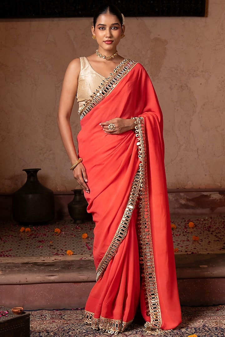 Coral Orange Pure Georgette Mirror Work Handloom Wedding Saree Set by Zal From Benaras at Pernia's Pop Up Shop