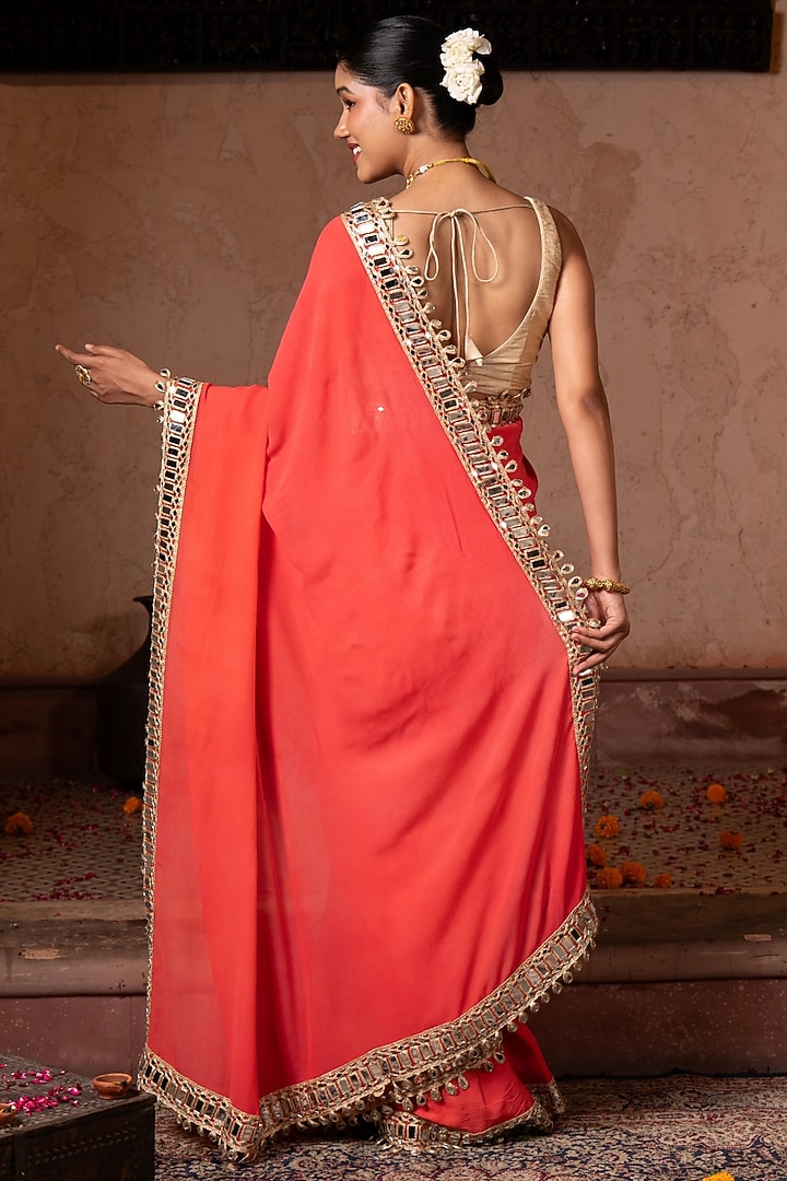 Coral Orange Pure Georgette Mirror Work Handloom Wedding Saree Set by Zal From Benaras at Pernia's Pop Up Shop