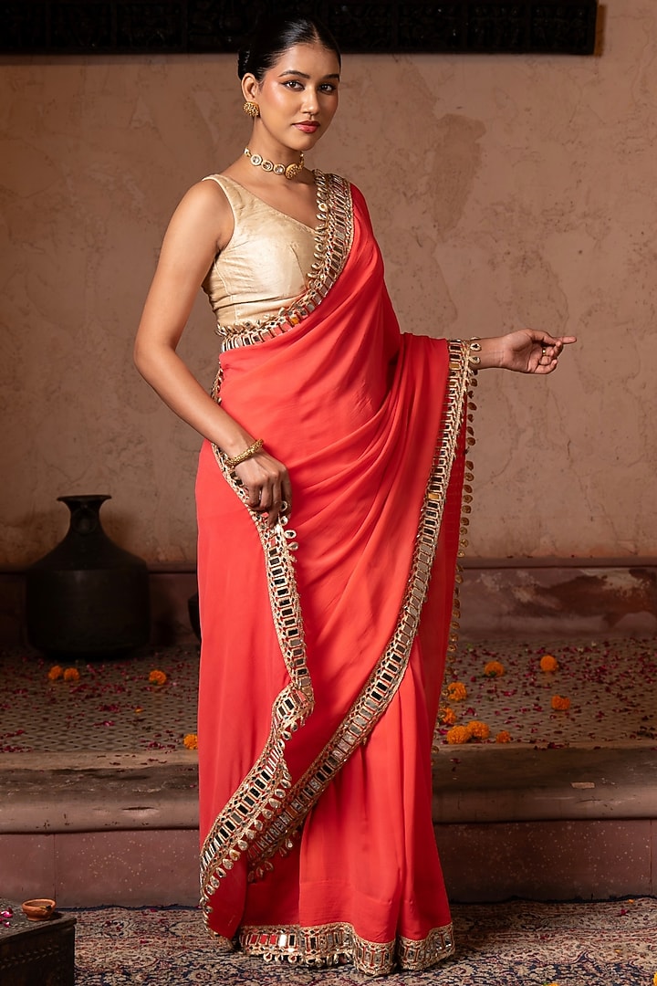 Coral Orange Pure Georgette Mirror Work Handloom Wedding Saree Set by Zal From Benaras at Pernia's Pop Up Shop