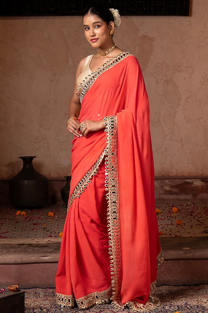 Coral Orange Pure Georgette Mirror Work Handloom Wedding Saree Set by Zal From Benaras at Pernia's Pop Up Shop
