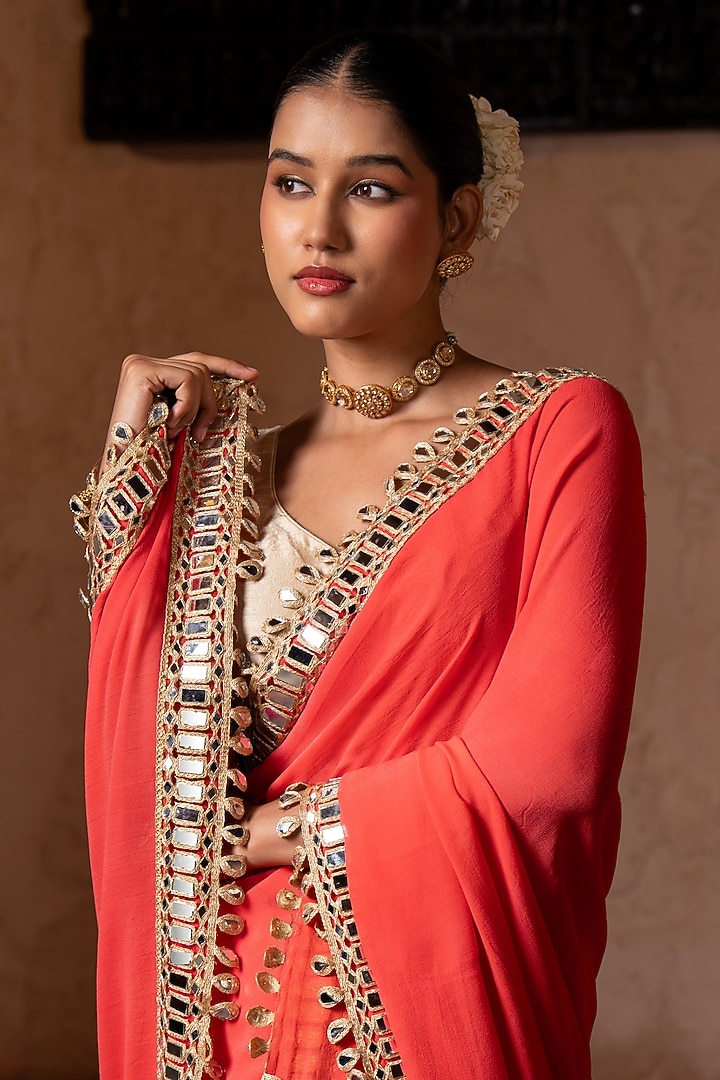 Coral Orange Pure Georgette Mirror Work Handloom Wedding Saree Set by Zal From Benaras at Pernia's Pop Up Shop