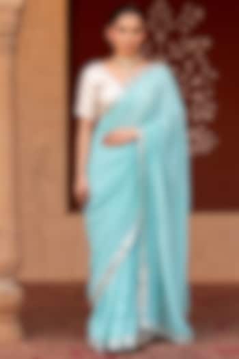 Sky Blue Pure Georgette Mirror Work Handloom Wedding Saree Set by Zal From Benaras at Pernia's Pop Up Shop