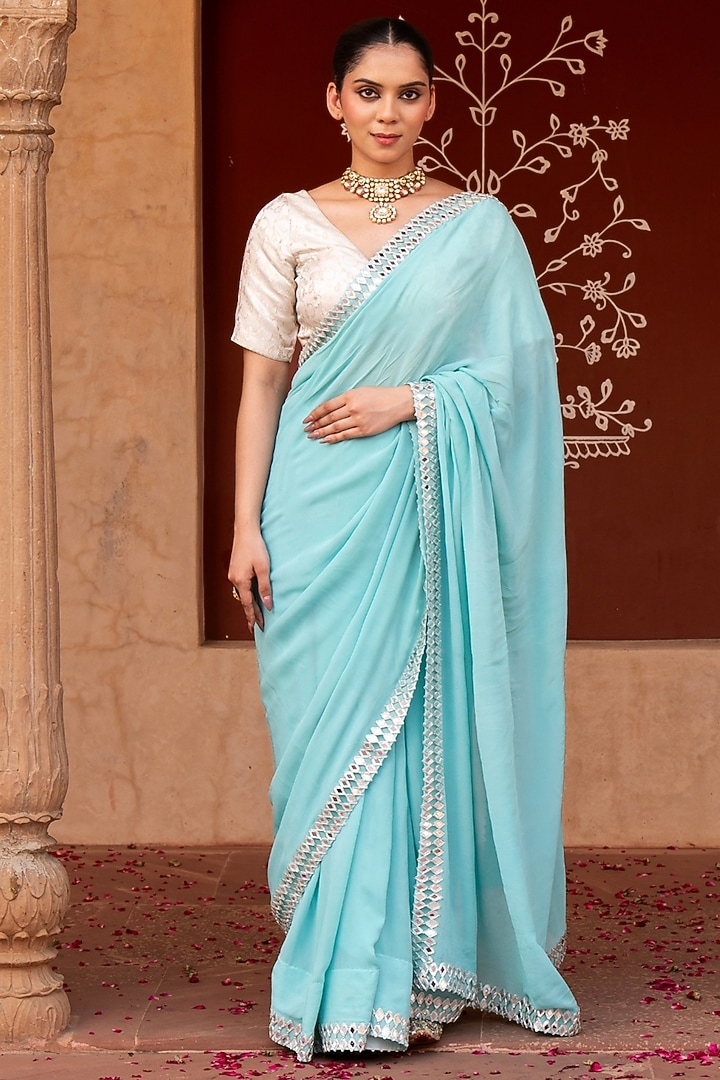 Sky Blue Pure Georgette Mirror Work Handloom Wedding Saree Set by Zal From Benaras at Pernia's Pop Up Shop