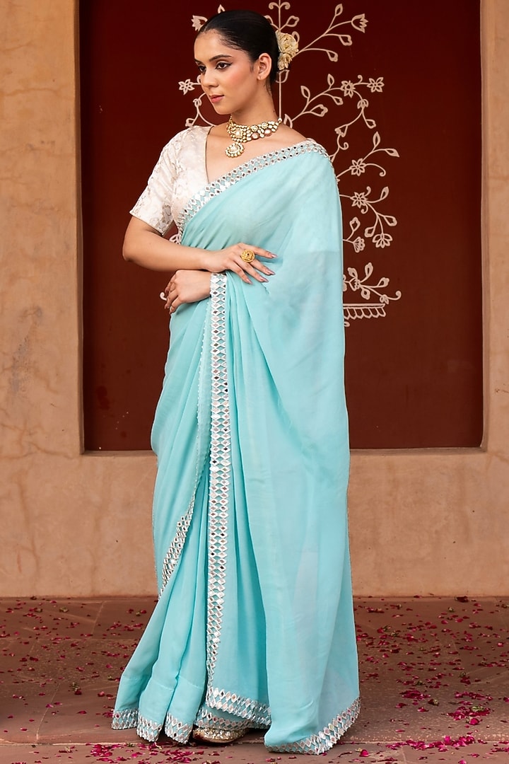 Sky Blue Pure Georgette Mirror Work Handloom Wedding Saree Set by Zal From Benaras at Pernia's Pop Up Shop