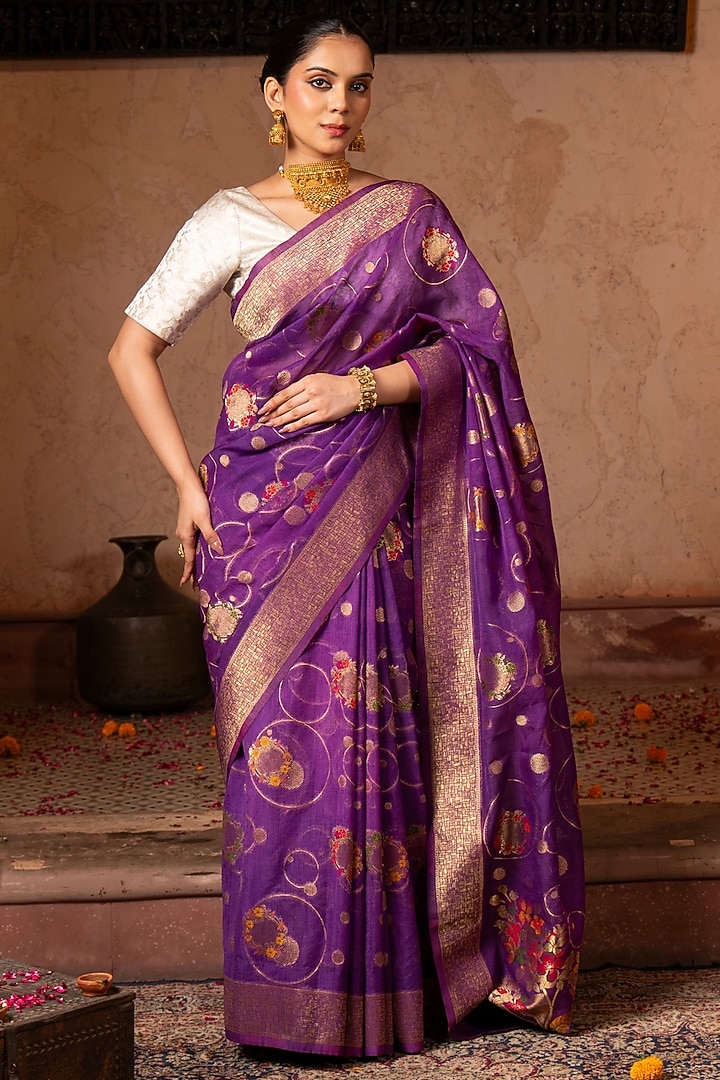 Purple Pure Tissue Silk Banarasi Handloom Party Wear Saree Set by Zal From Benaras at Pernia's Pop Up Shop
