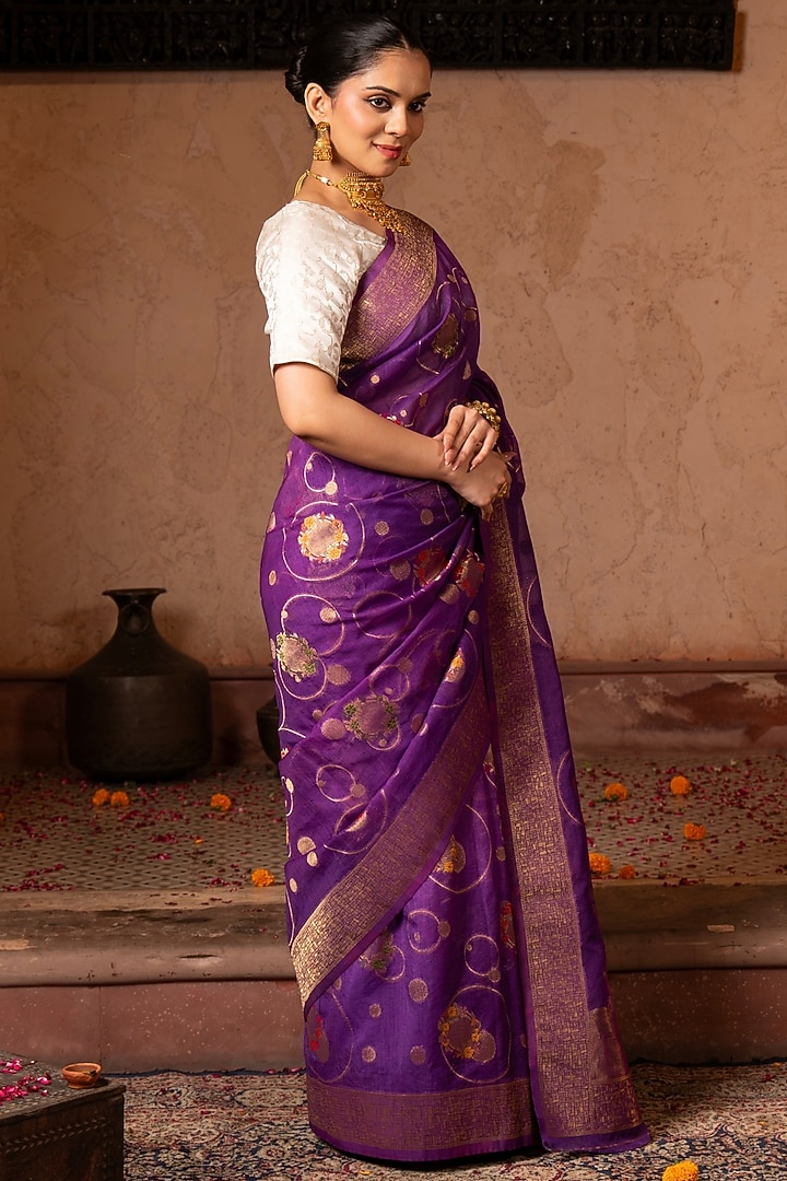 Purple Pure Tissue Silk Banarasi Handloom Party Wear Saree Set by Zal From Benaras at Pernia's Pop Up Shop