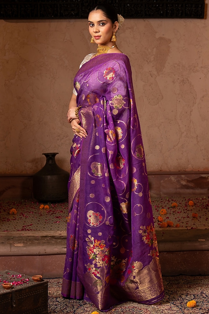 Purple Pure Tissue Silk Banarasi Handloom Party Wear Saree Set by Zal From Benaras at Pernia's Pop Up Shop