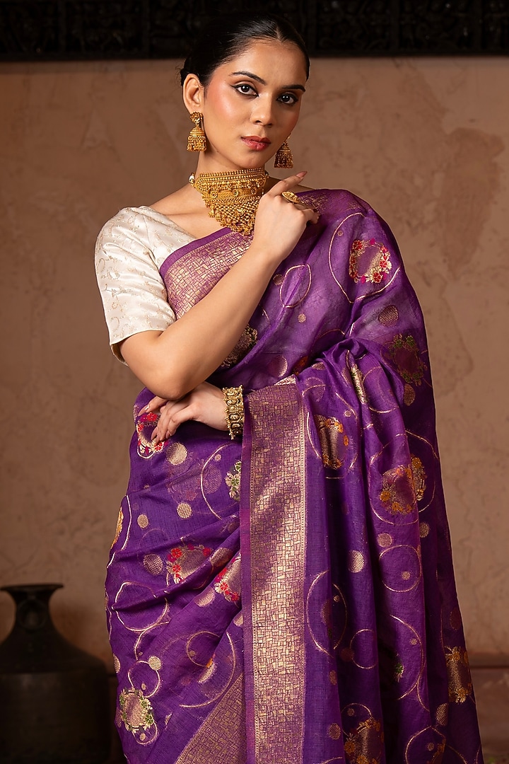 Purple Pure Tissue Silk Banarasi Handloom Party Wear Saree Set by Zal From Benaras at Pernia's Pop Up Shop