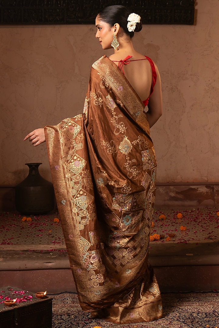 Coffee Brown Pure Katan Silk Banarasi Handloom Party Wear Saree Set by Zal From Benaras at Pernia's Pop Up Shop