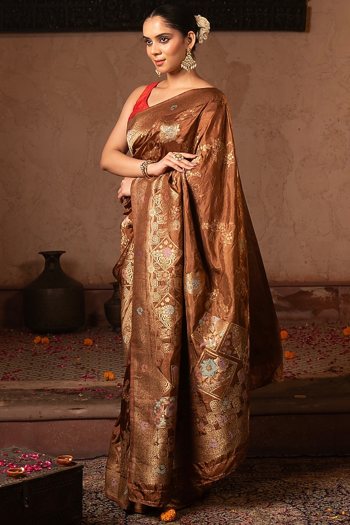 Coffee Brown Pure Katan Silk Banarasi Handloom Party Wear Saree Set by Zal From Benaras at Pernia's Pop Up Shop