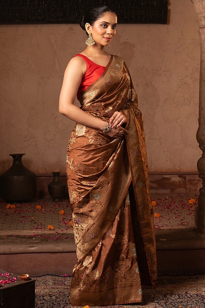Coffee Brown Pure Katan Silk Banarasi Handloom Party Wear Saree Set by Zal From Benaras at Pernia's Pop Up Shop