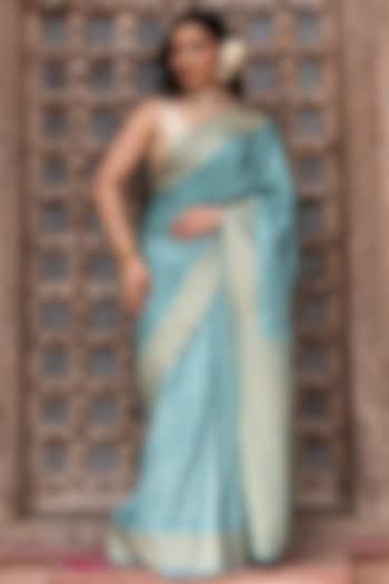 Powder Blue Pure Katan Silk Banarasi Handloom Party Wear Saree Set by Zal From Benaras at Pernia's Pop Up Shop